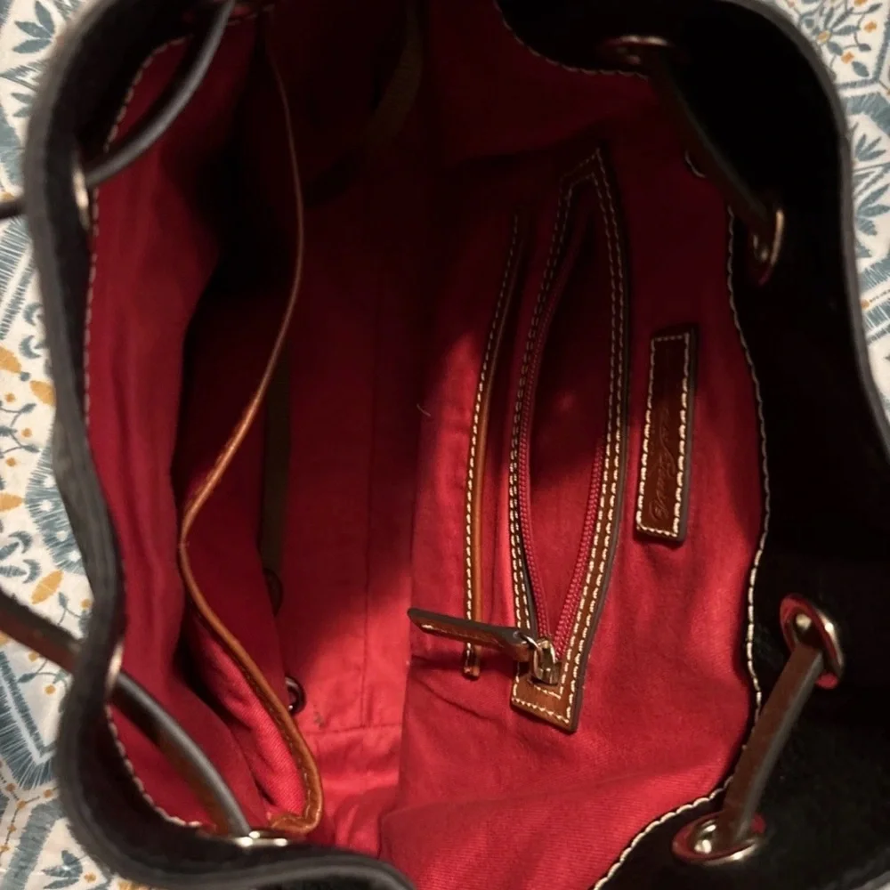 Dooney & Bourke Black Pebbled Leather Drawstring Bucket Bag with Brown Trim - Picture 4 of 11